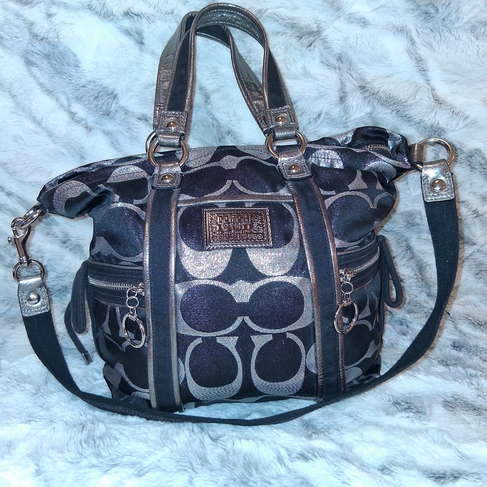 Coach Black and Silver Poppy Shoulder Bag with Signature Monogram